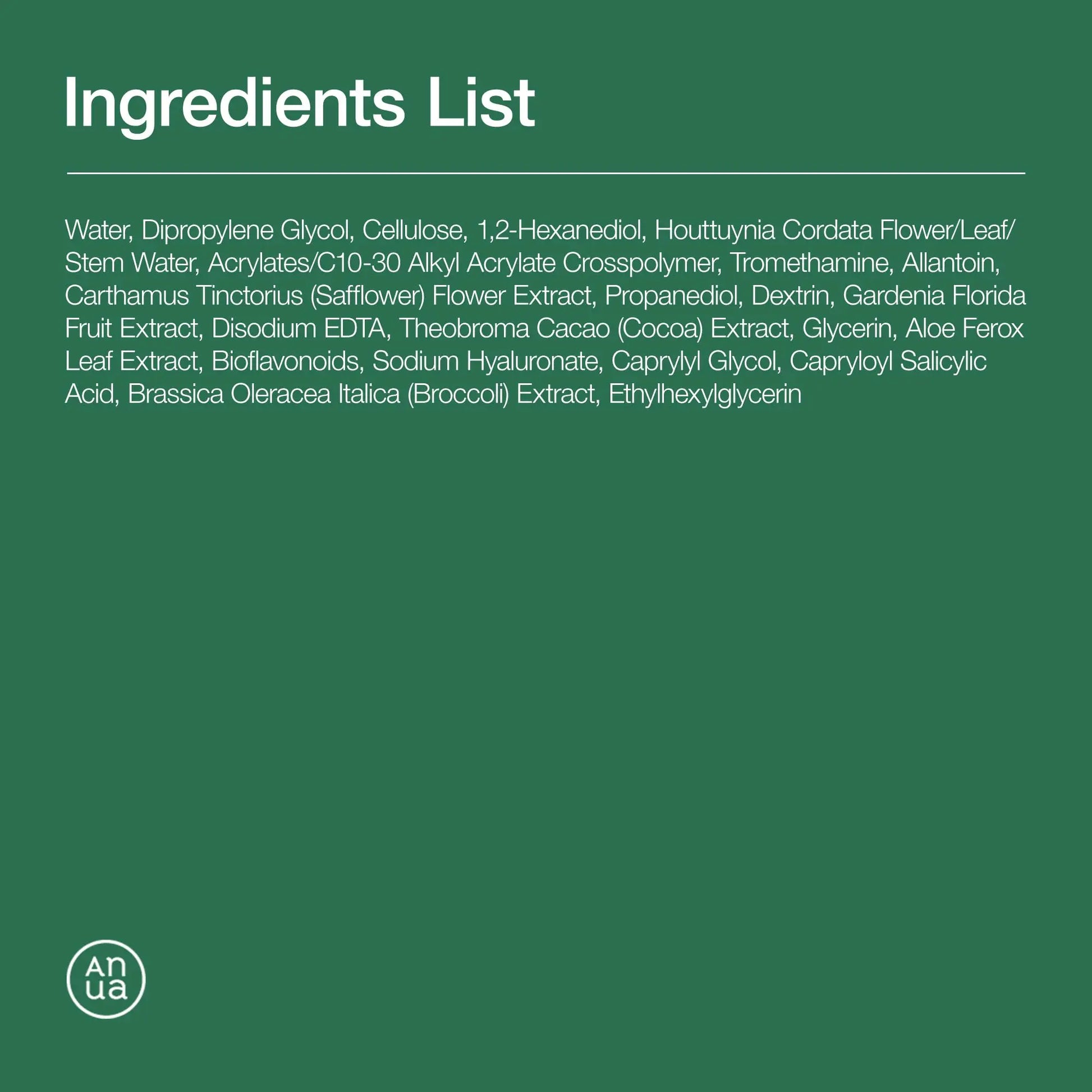 Ingredients list for Anua ANUA Heartleaf LHA Moisture Peeling Gel 120ml displayed on a green background with white text, featuring natural plant and fruit extracts.