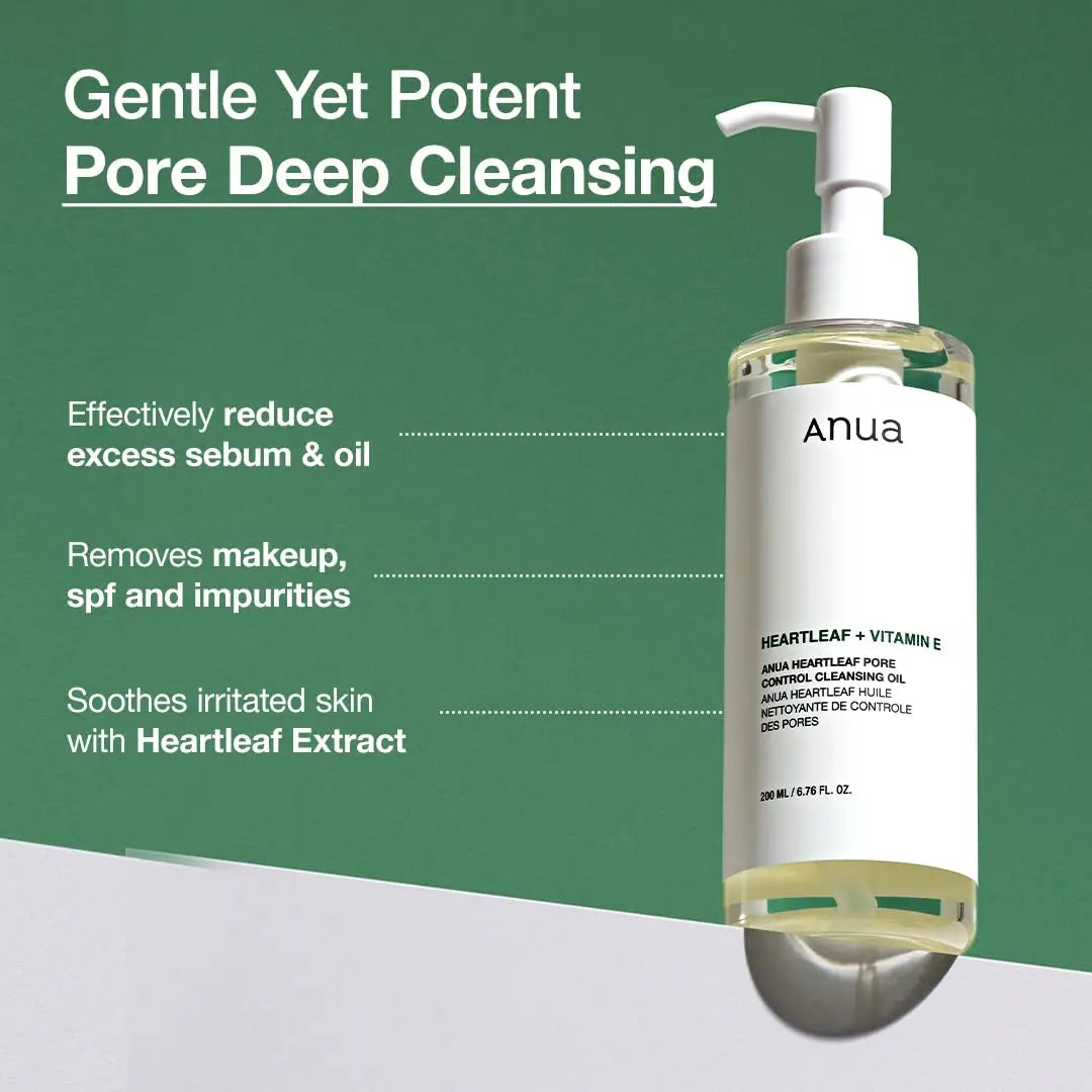 Anua Heartleaf Pore Control Cleansing Oil 200ml bottle with text highlighting its gentle yet potent pore deep cleansing, reducing excess sebum and oil, removing makeup, SPF, impurities, and soothing irritated skin with Heartleaf Extract.