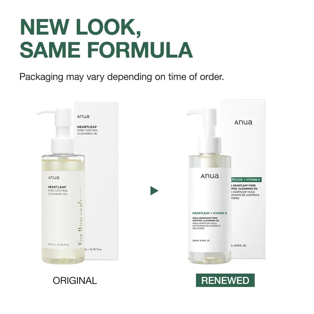 Comparison image showing the original and renewed packaging of Anua Heartleaf Pore Control Cleansing Oil 200ml with a note that packaging may vary depending on order time.
