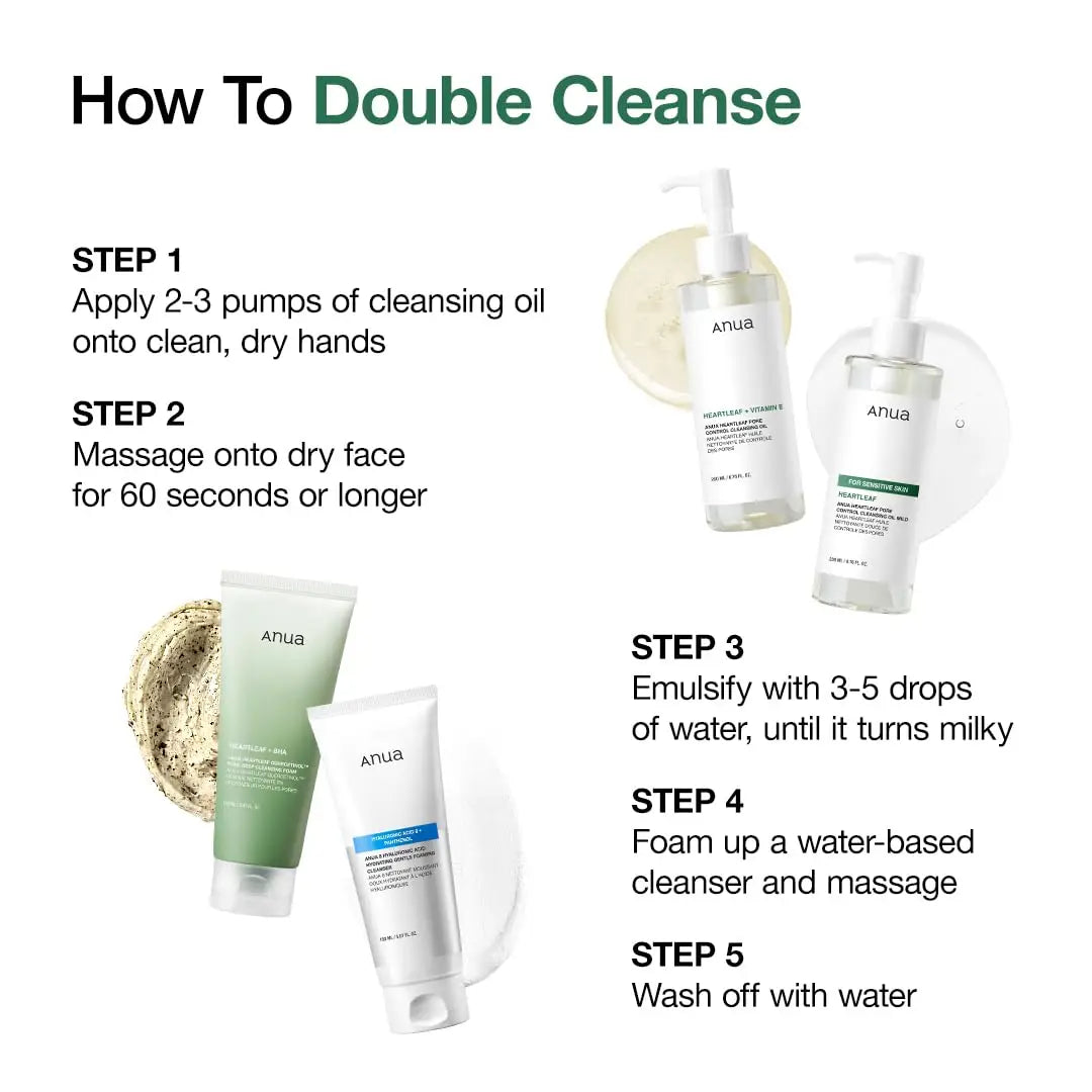 Instructional image showing how to double cleanse using Anua Heartleaf Pore Control Cleansing Oil 200ml with step-by-step text and product images of the cleansing oil and complementary skincare products.