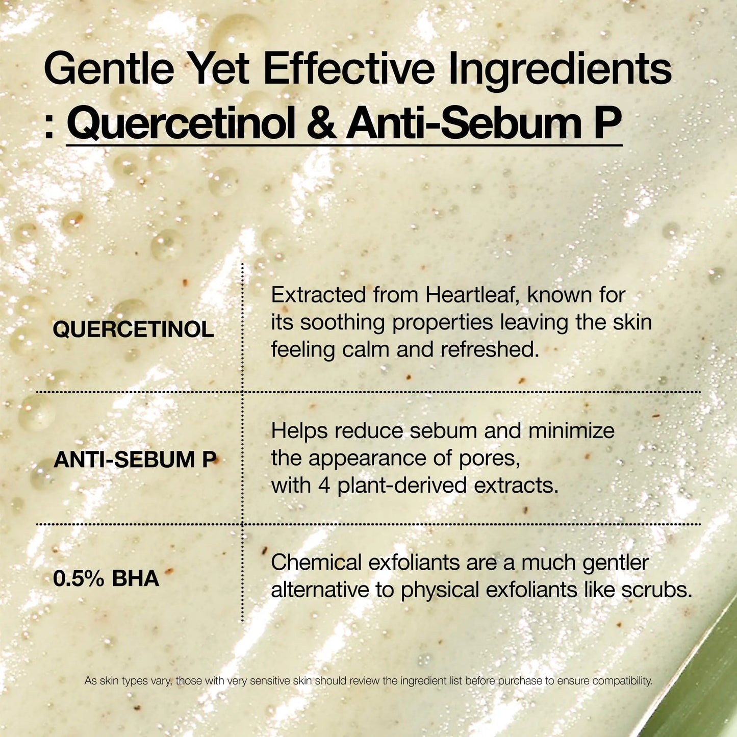 Close-up of foam texture with text describing key gentle ingredients of ANUA Heartleaf Quercetinol Pore Deep Cleansing Foam 150ml, highlighting quercetinol, anti-sebum P, and 0.5% BHA benefits for soothing and pore care.