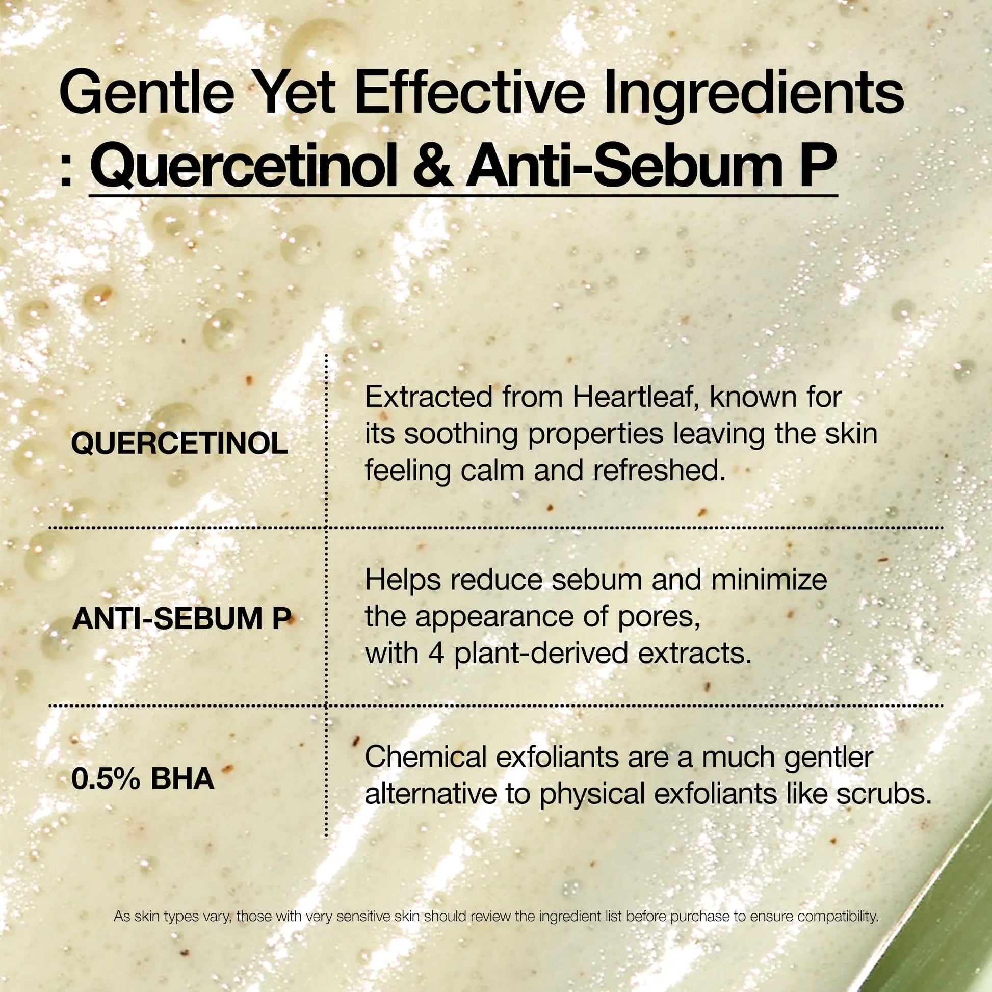 Close-up of foam texture with text describing key gentle ingredients of ANUA Heartleaf Quercetinol Pore Deep Cleansing Foam 150ml, highlighting quercetinol, anti-sebum P, and 0.5% BHA benefits for soothing and pore care.