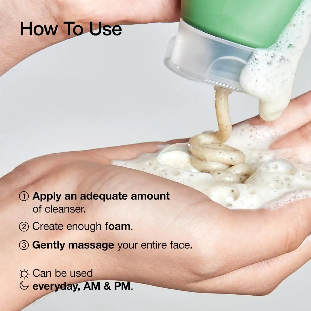 Instructions for use of ANUA Heartleaf Quercetinol Pore Deep Cleansing Foam 150ml showing foam being dispensed onto hands, with steps to apply cleanser, create foam, and gently massage face for daily skincare.