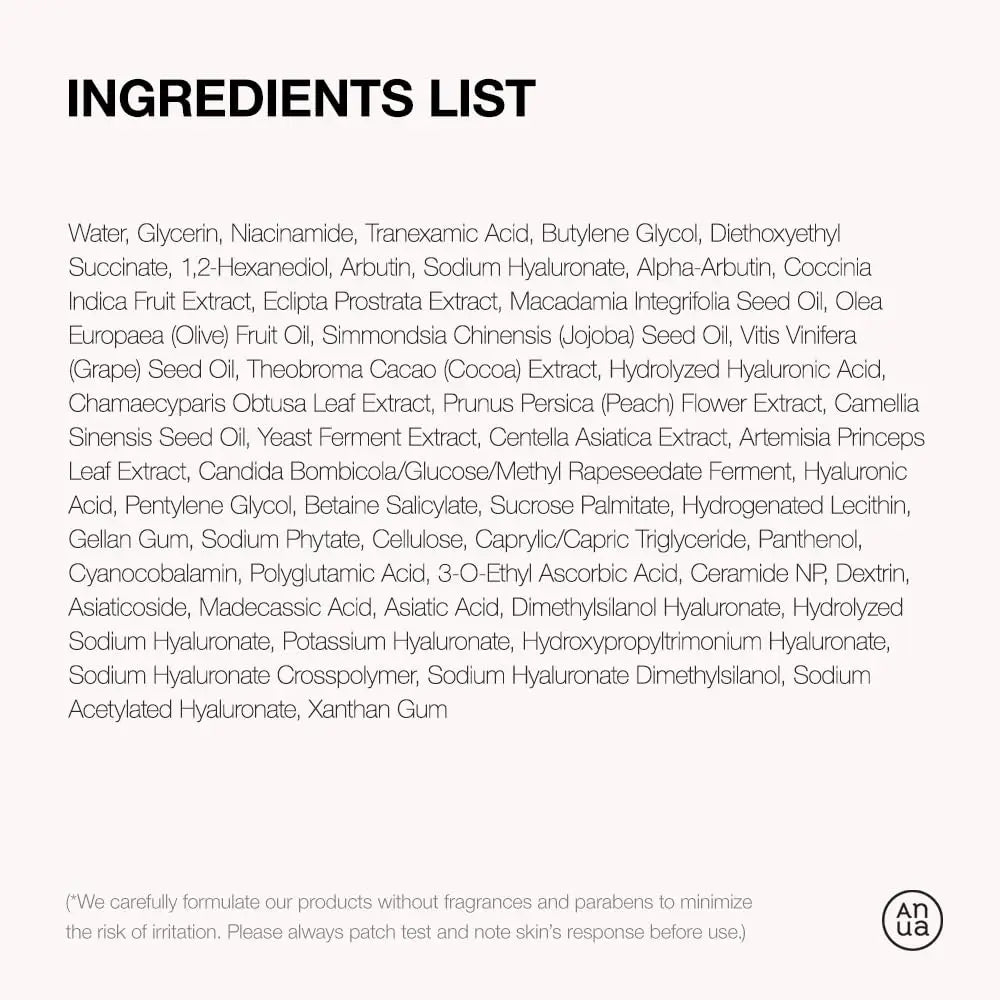 Ingredients list for ANUA Niacinamide 10+ TXA 4 Serum 30ml including water, glycerin, niacinamide, tranexamic acid, various plant oils, hyaluronic acid derivatives, ceramides, and botanical extracts designed for skincare.