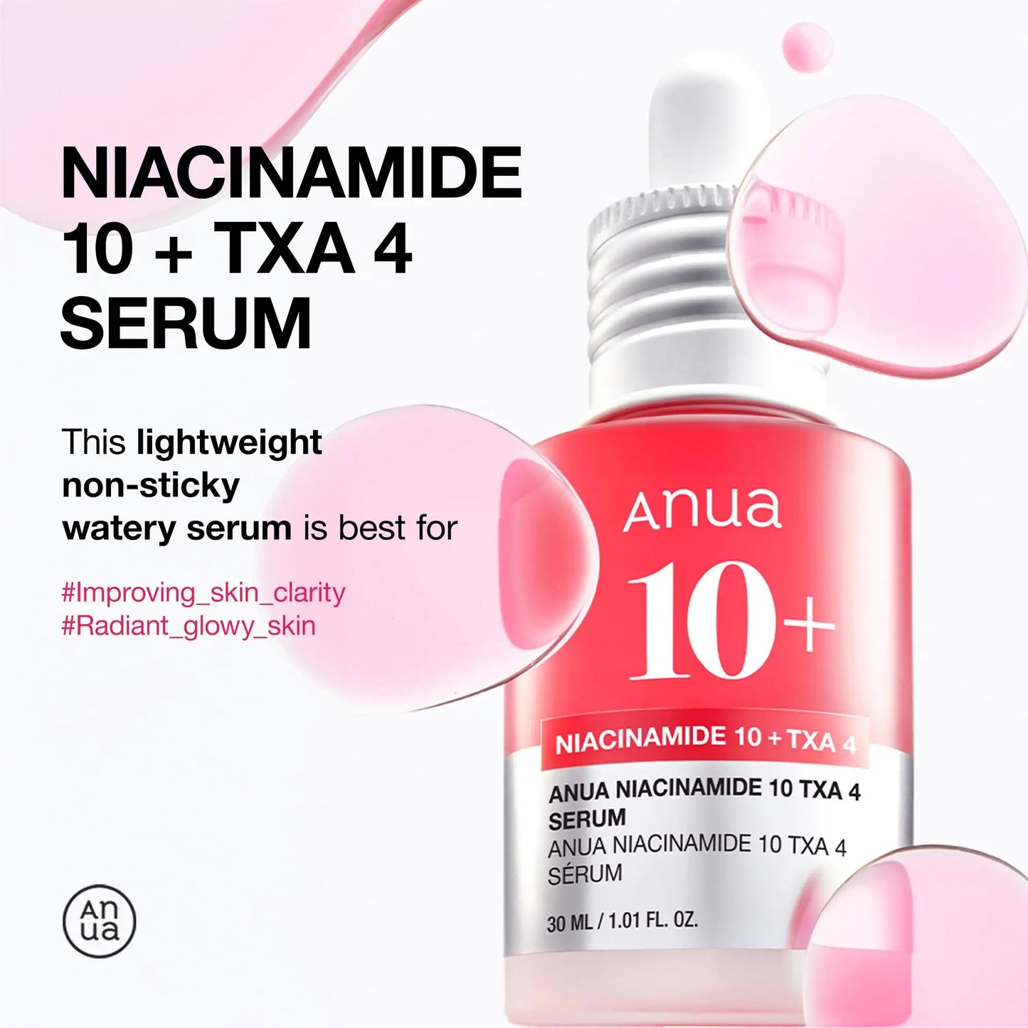Bright red bottle of ANUA Niacinamide 10+ TXA 4 Serum 30ml with silver dropper cap, surrounded by translucent pink serum droplets on white background.
