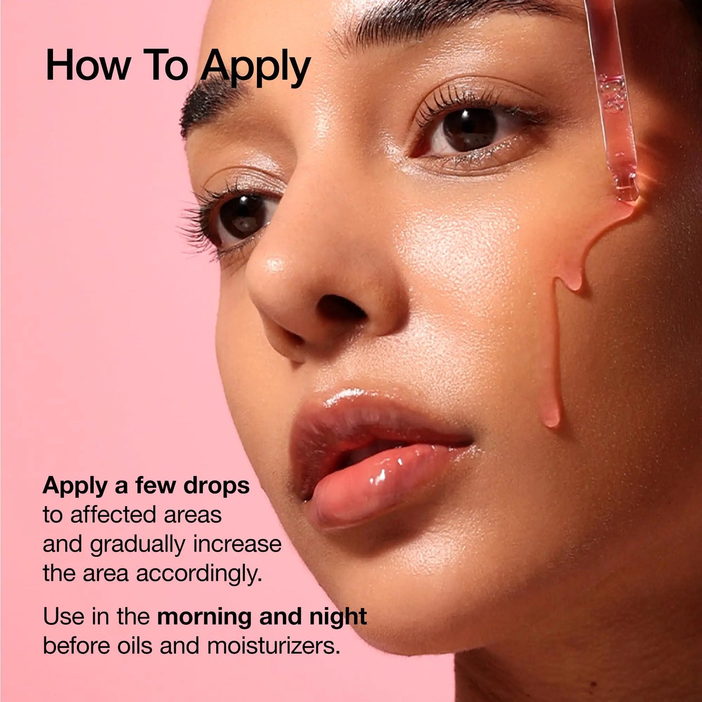 Close-up of a woman applying ANUA Niacinamide 10+ TXA 4 Serum 30ml with a dropper on her cheek, demonstrating skincare use on glowing skin.