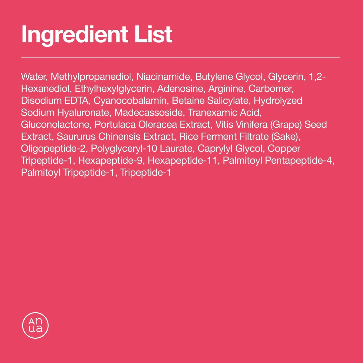 Ingredient list on a pink background featuring water, niacinamide, adenosine, tranexamic acid, grape seed extract, rice ferment filtrate, hyaluronate, madecassoside, peptides, and other hydrating and brightening components for Anua Niacinamide 5 TXA Brightening Pads 210ml.