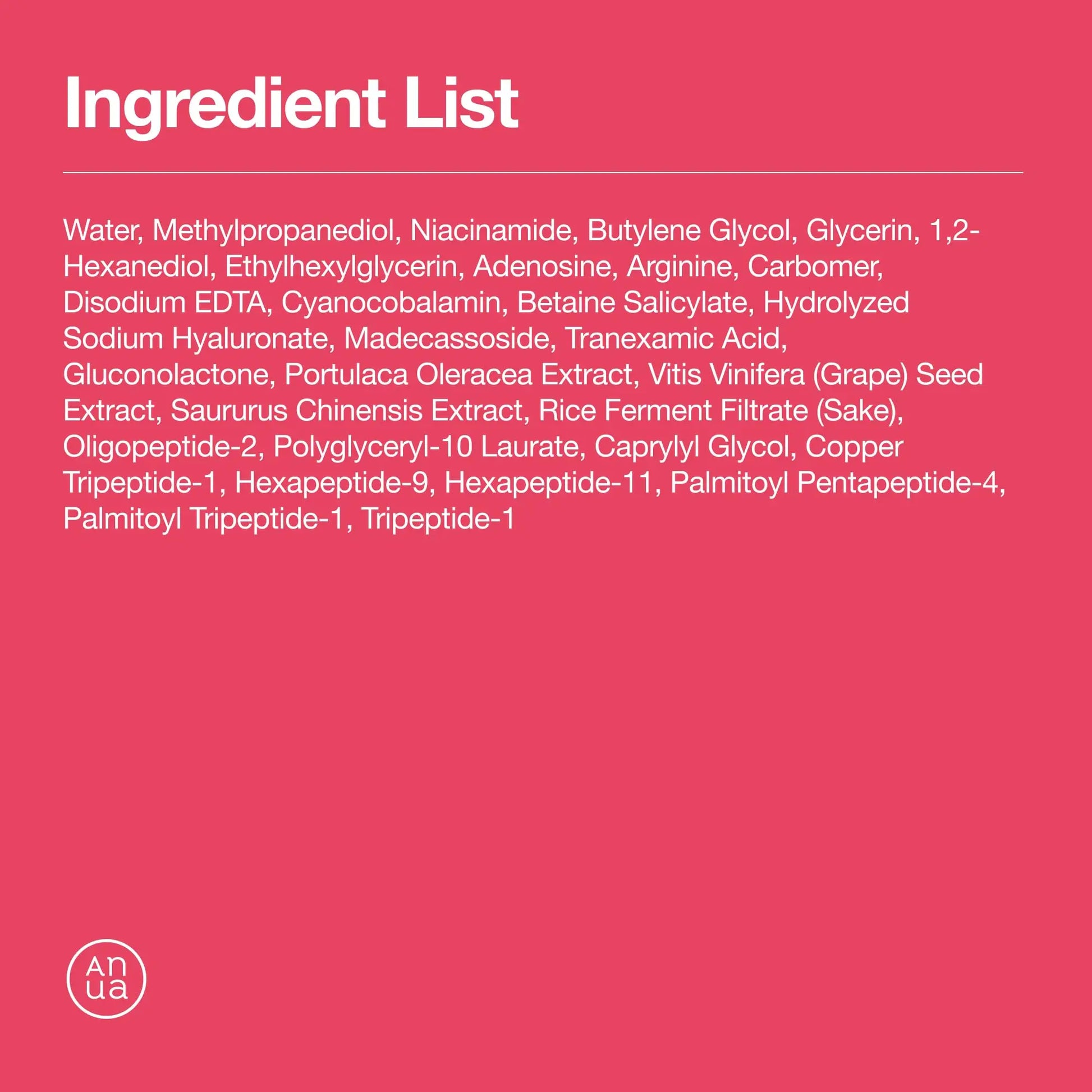 Ingredient list on a pink background featuring water, niacinamide, adenosine, tranexamic acid, grape seed extract, rice ferment filtrate, hyaluronate, madecassoside, peptides, and other hydrating and brightening components for Anua Niacinamide 5 TXA Brightening Pads 210ml.