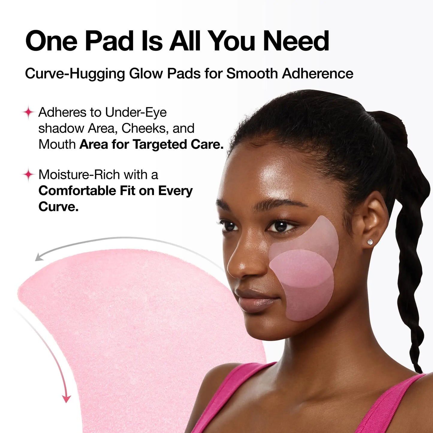 Woman demonstrating the use of Anua Niacinamide 5 TXA Brightening Pads 210ml with pink curve-hugging pads applied to under-eye, cheek, and mouth areas for targeted skincare.