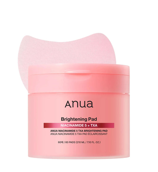 Anua Niacinamide 5 TXA Brightening Pads 210ml in a pink container with a curved brightening pad displayed behind it, designed for skin brightening and care.