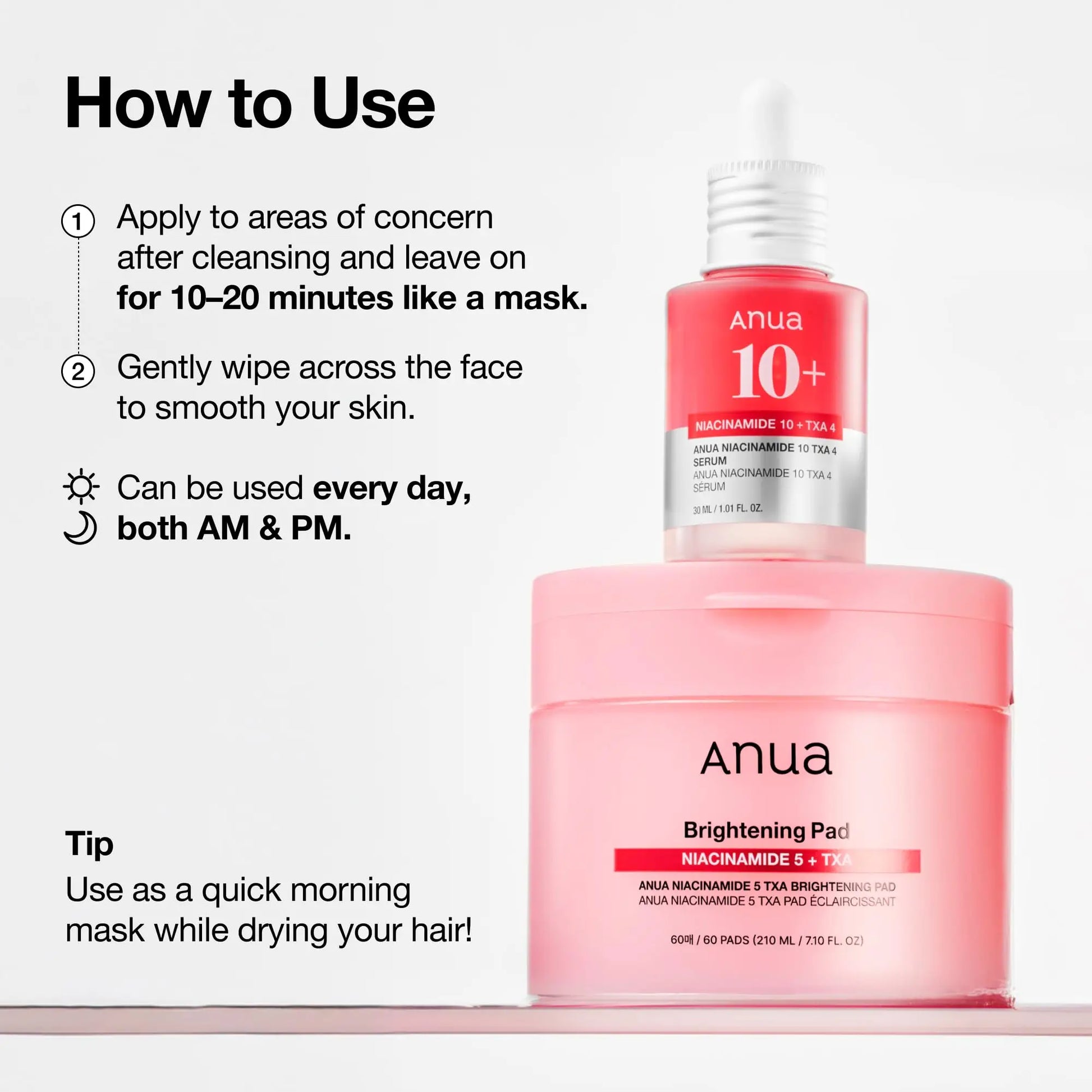 Anua Niacinamide 5 TXA Brightening Pads 210ml container with usage instructions and a matching serum bottle on top, both in pink packaging.