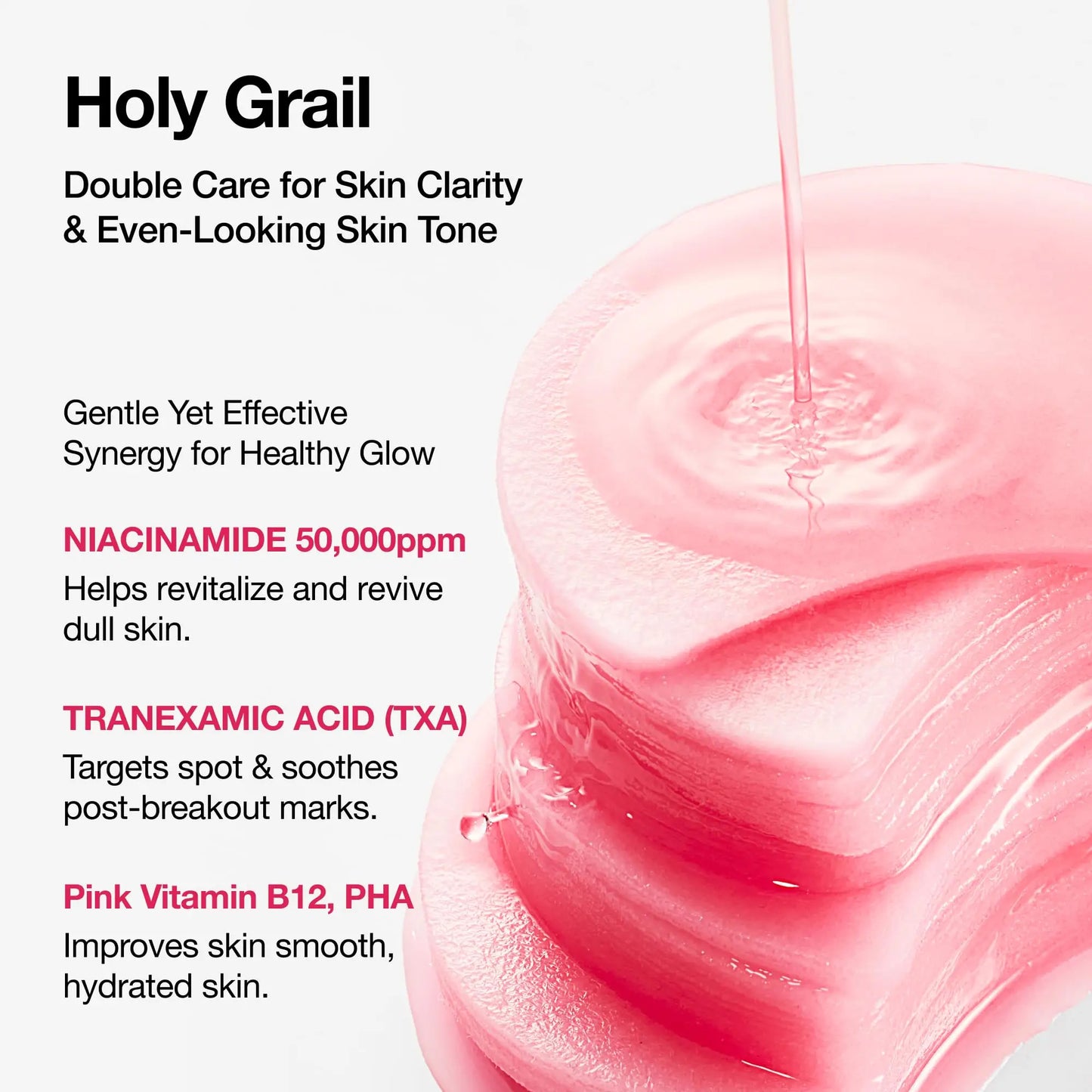 Close-up of pink brightening pads soaked with liquid, highlighting key ingredients and benefits of Anua Niacinamide 5 TXA Brightening Pads 210ml for skin clarity and even tone.