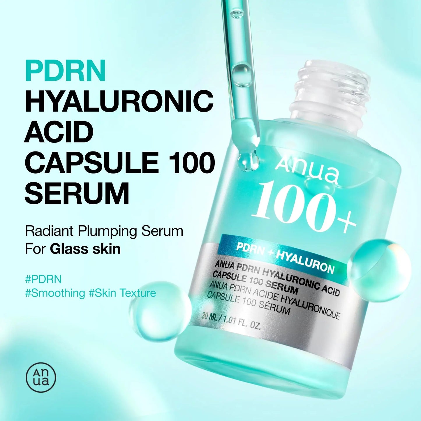 Bottle of Anua PDRN Hyaluronic Acid Capsule 100 Serum 30ml with a dropper releasing serum, highlighting radiant plumping serum for glass skin with smoothing and skin texture benefits.