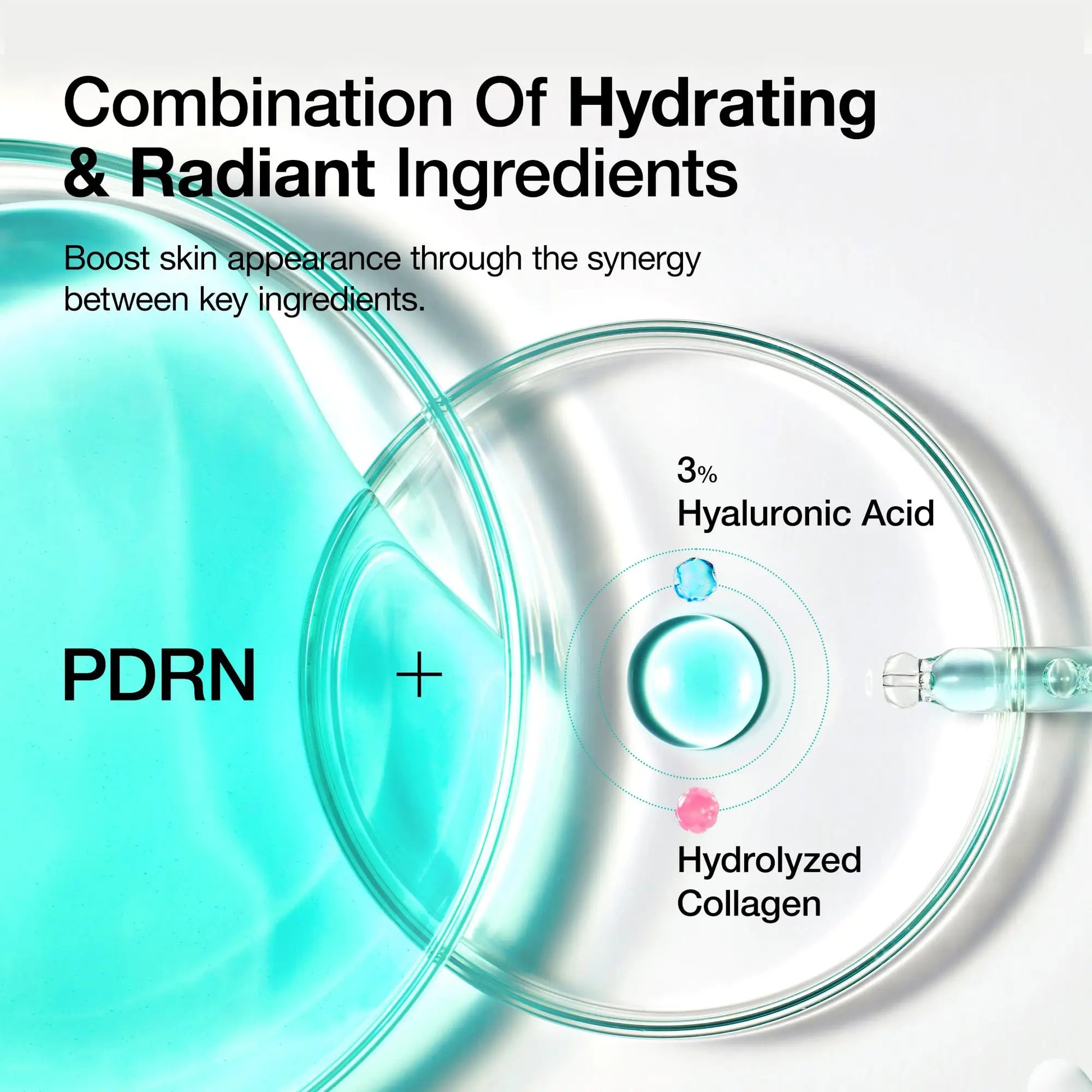 Clear scientific image showing hydrating and radiant ingredients including 3% hyaluronic acid and hydrolyzed collagen combined with PDRN in Anua PDRN Hyaluronic Acid Capsule 100 Serum 30ml.