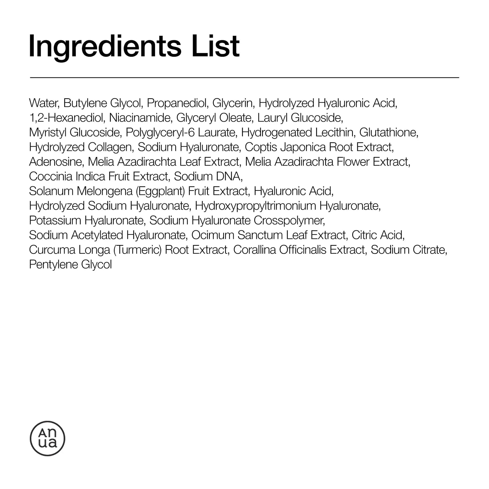 Ingredients list for Anua PDRN Hyaluronic Acid Capsule 100 Serum 30ml displayed on a white background with black text and a minimalist logo in the corner.