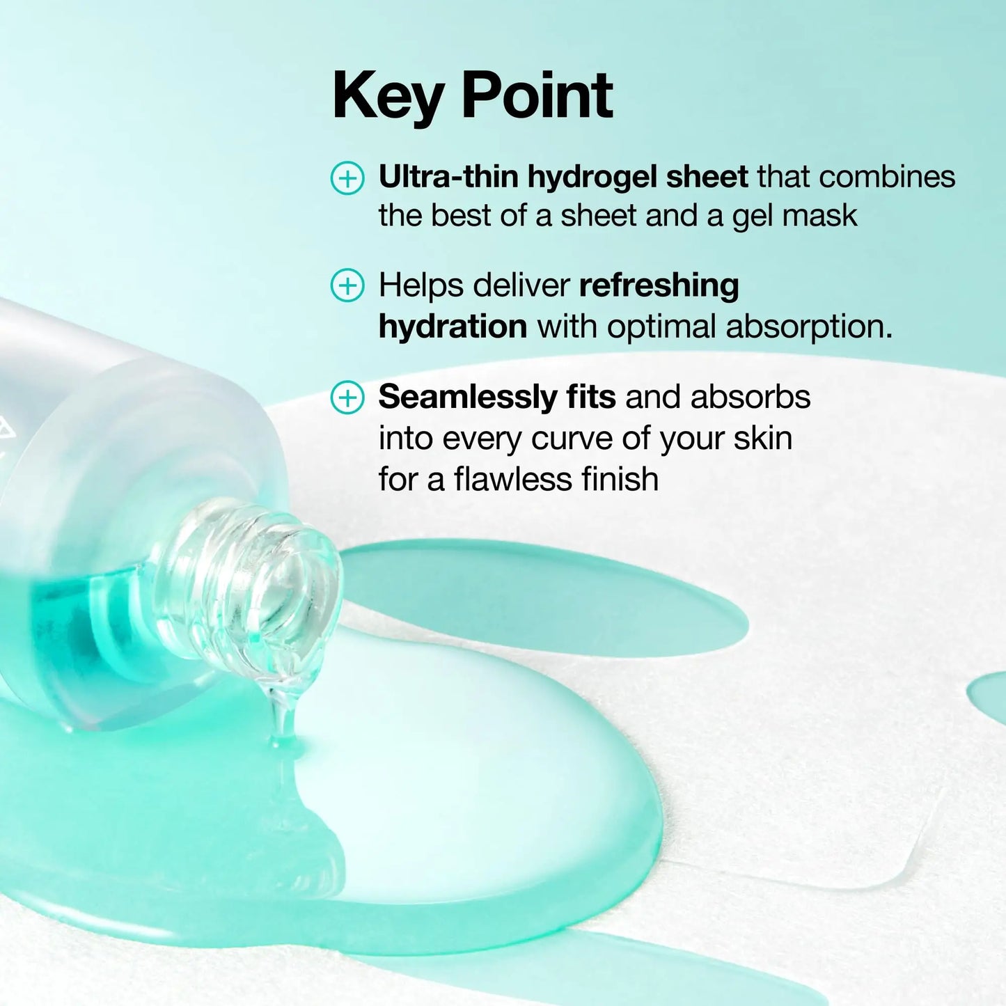 Clear turquoise serum pouring out near text highlighting the ultra-thin hydrogel sheet, refreshing hydration, and seamless fit benefits of ANUA PDRN Hyaluronic Acid Capsule 100 Serum Mask.