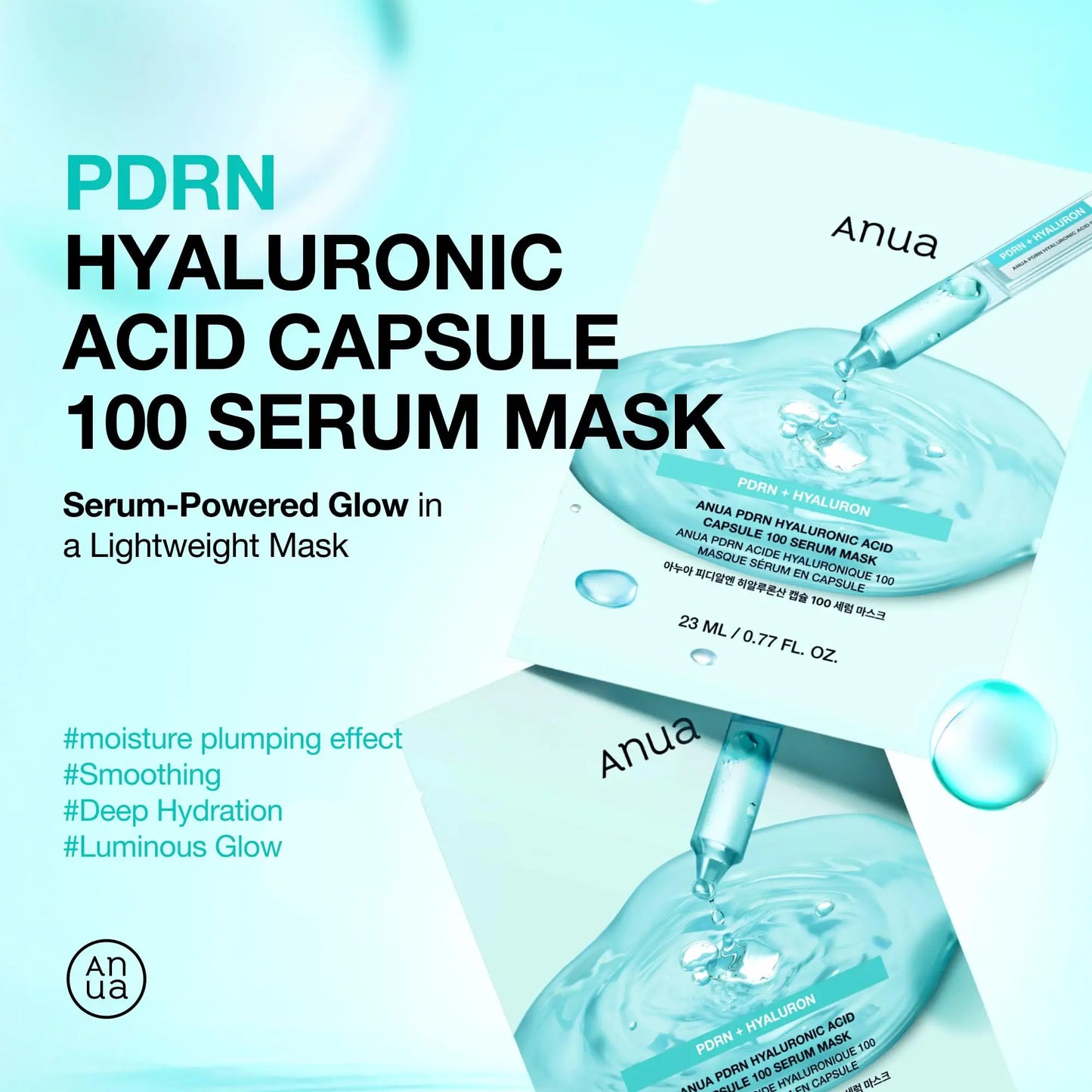 ANUA PDRN Hyaluronic Acid Capsule 100 Serum Mask packaging with serum dropper on a light blue background, highlighting hydration and glowing skin benefits.