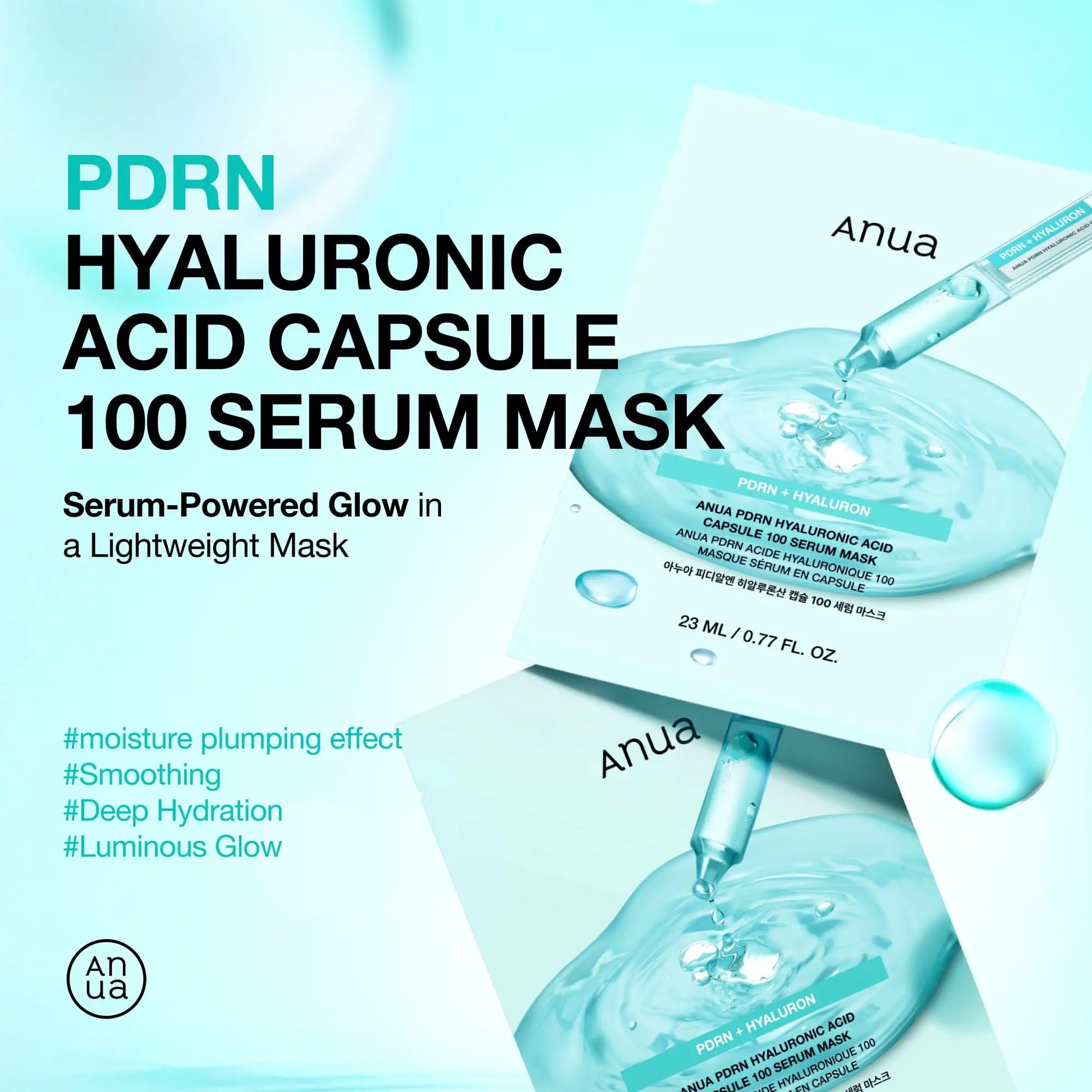 ANUA PDRN Hyaluronic Acid Capsule 100 Serum Mask packaging with serum dropper on a light blue background, highlighting hydration and glowing skin benefits.