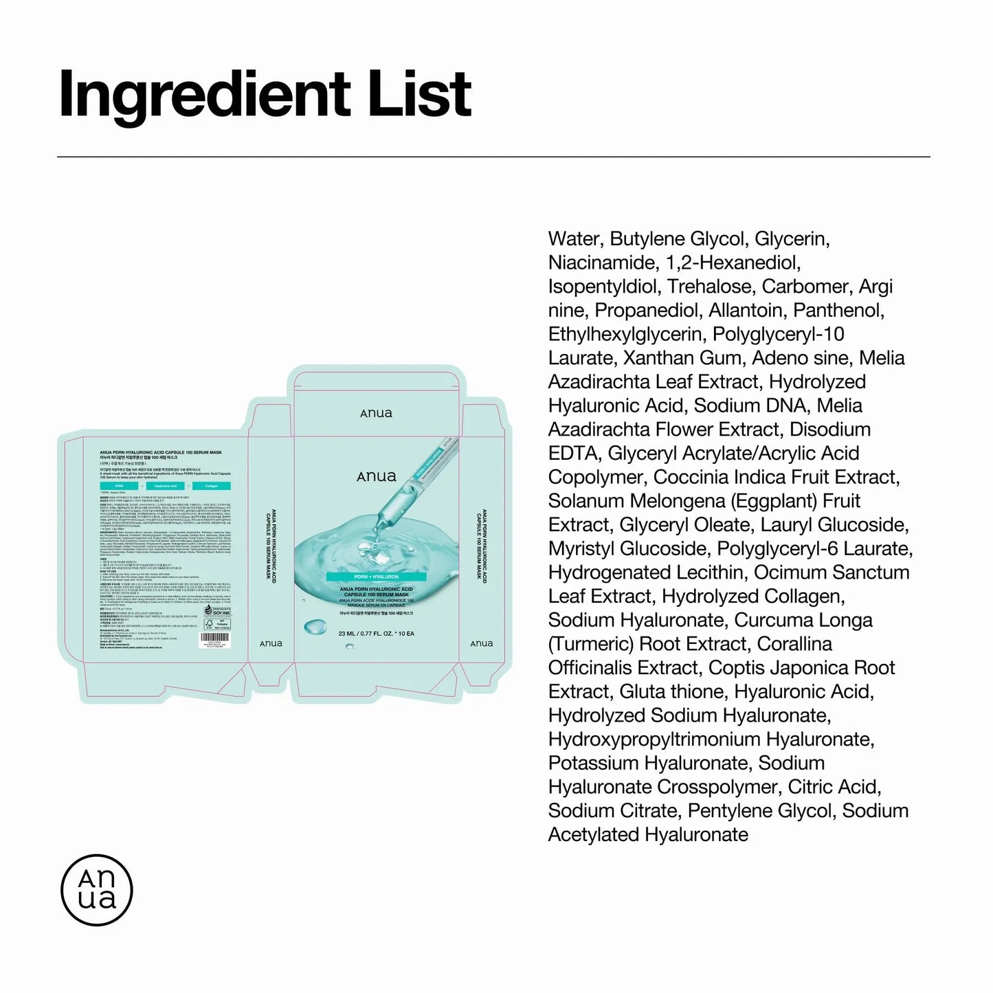 Ingredient list for ANUA PDRN Hyaluronic Acid Capsule 100 Serum Mask displayed alongside product packaging illustration, showing detailed skincare components and extracts.