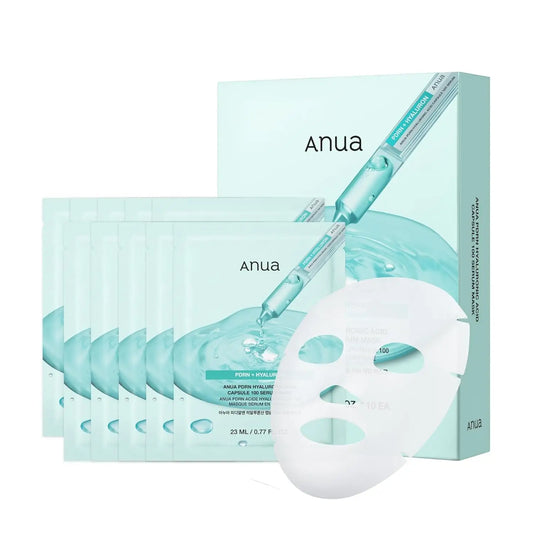 ANUA PDRN Hyaluronic Acid Capsule 100 Serum Mask packaging with individual serum mask packets and a white sheet mask displaying hydration and skincare benefits.