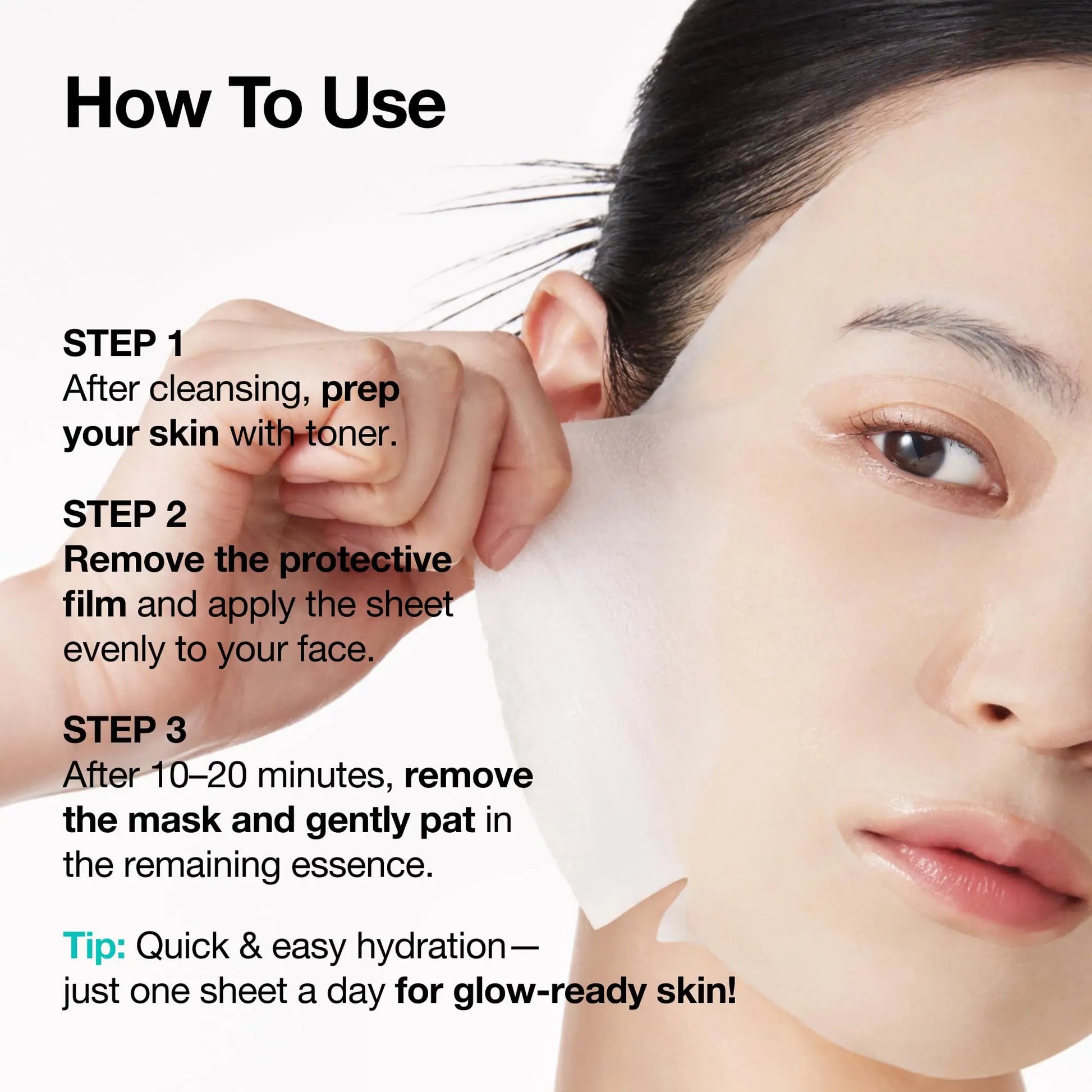 Close-up of a woman applying a clear sheet mask with instructions on using the ANUA PDRN Hyaluronic Acid Capsule 100 Serum Mask for hydration and glow-ready skin.