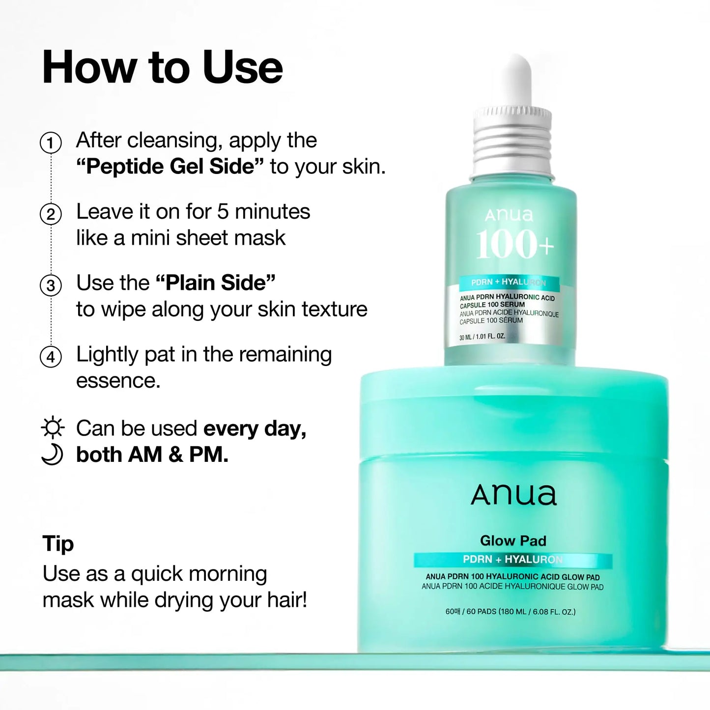 Instructions on how to use Anua PDRN Hyaluronic Glow Pad 180ml, showing a serum bottle and a container of glow pads with steps for applying the product as a quick morning mask or daily skincare.