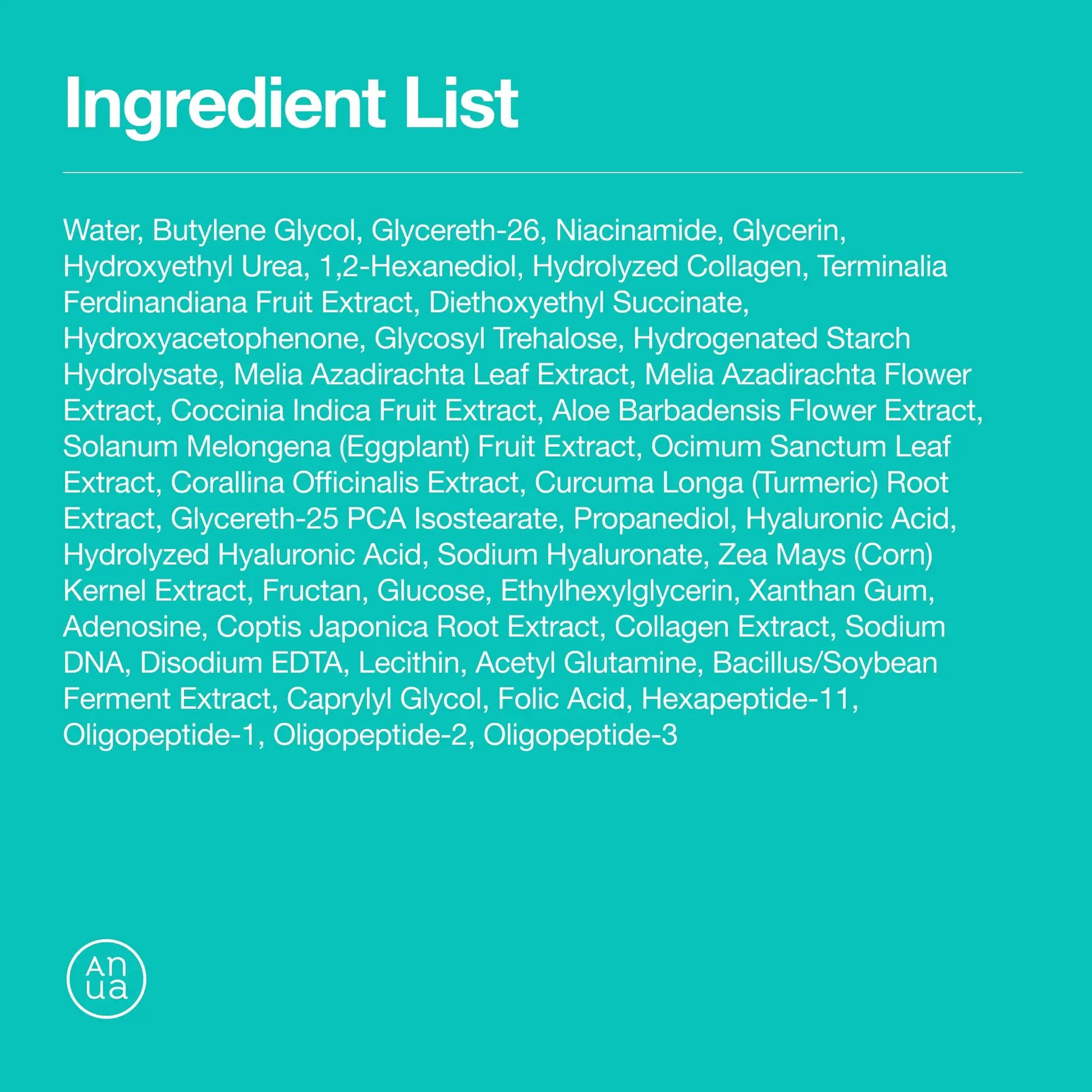 Ingredient list for Anua PDRN Hyaluronic Glow Pad 180ml including water, niacinamide, hydrolyzed collagen, fruit extracts like eggplant and turmeric, hyaluronic acid, peptides, and botanical extracts for hydrating and brightening skin.