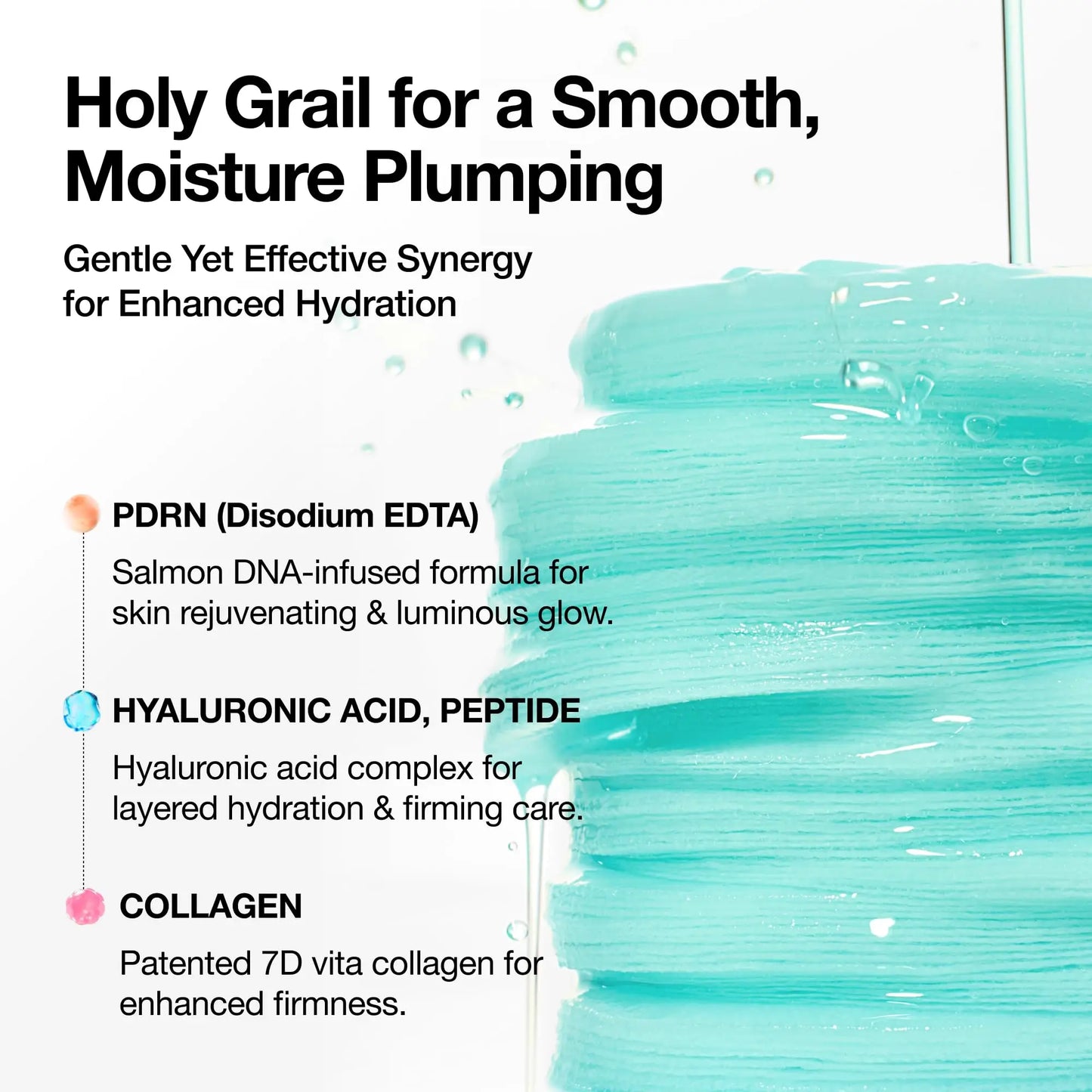 Close-up of layered translucent blue gel with text describing Anua PDRN Hyaluronic Glow Pad 180ml ingredients including PDRN, hyaluronic acid peptide, and collagen for hydration, glow, and firmness.