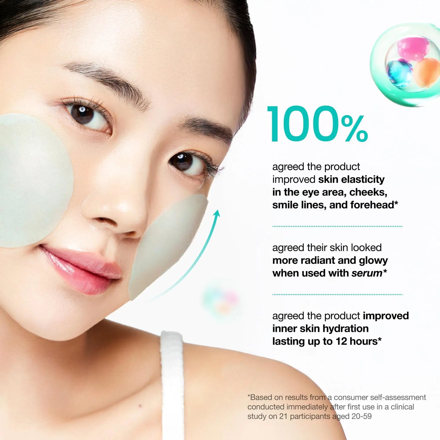 Close-up of a woman applying Anua PDRN Hyaluronic Glow Pad 180ml on her cheeks, highlighting skin elasticity, radiance, and hydration benefits from the product.