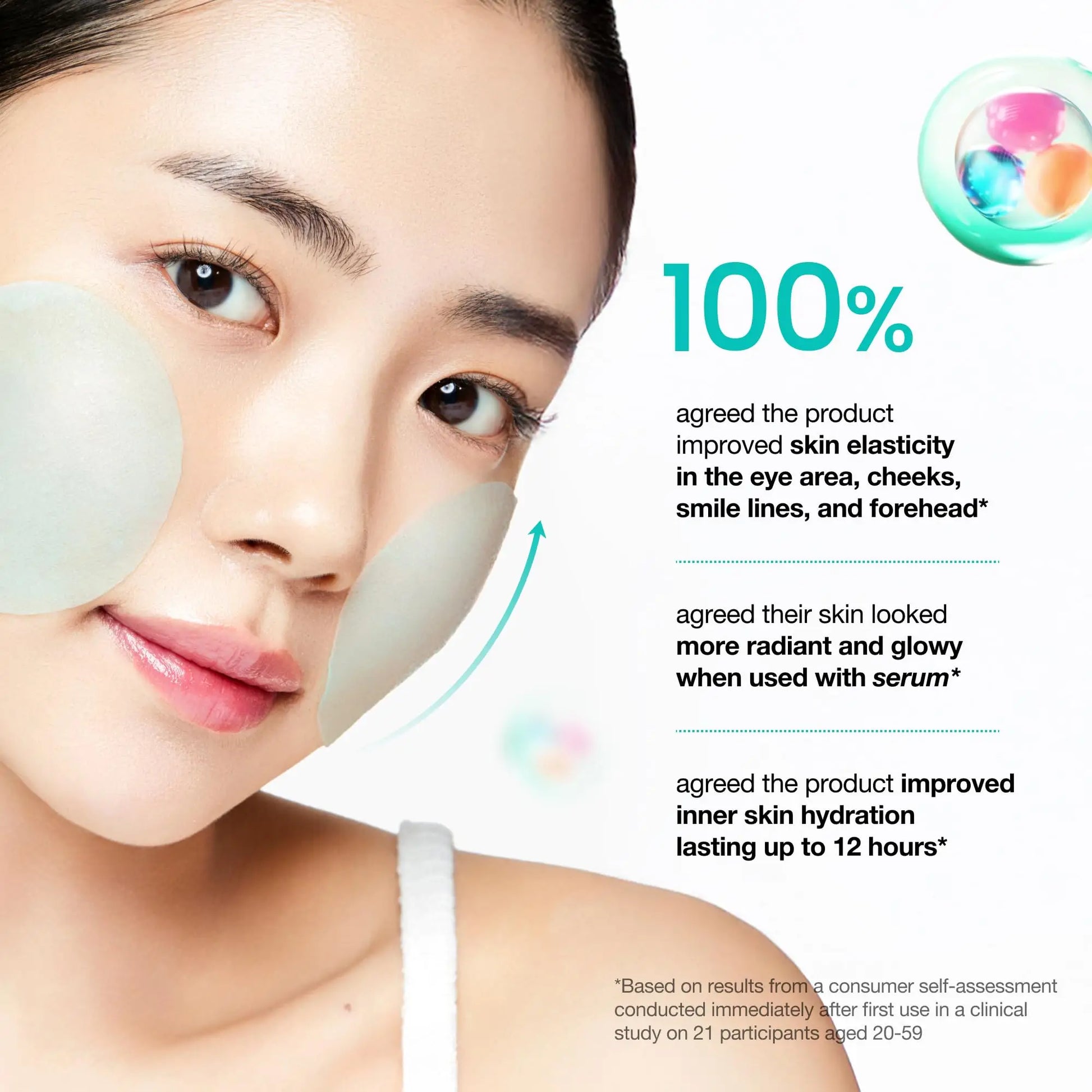 Close-up of a woman applying Anua PDRN Hyaluronic Glow Pad 180ml on her cheeks, highlighting skin elasticity, radiance, and hydration benefits from the product.