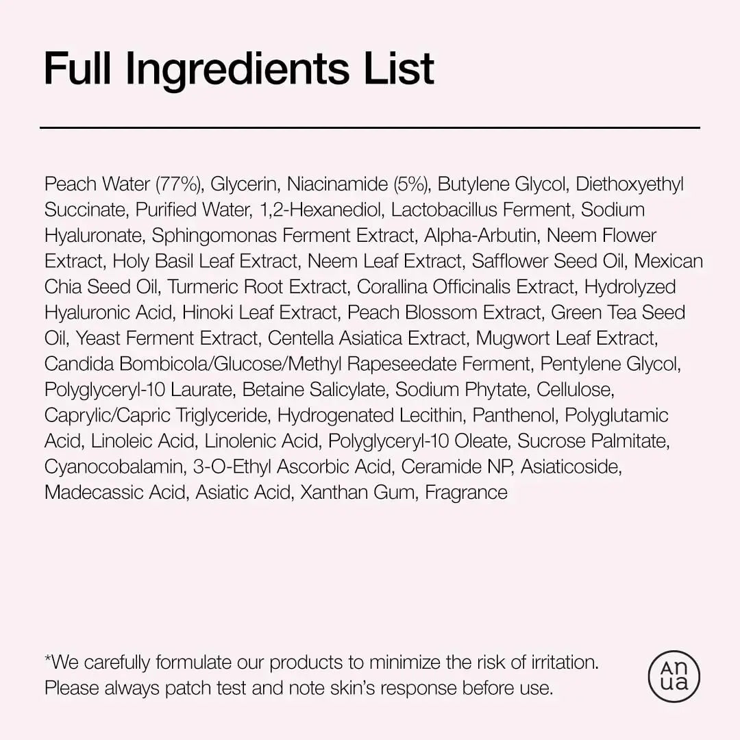 Full ingredients list for Anua Peach 70 Niacinamide Serum 30ml displayed on a clean white background with detailed formulation including peach water, niacinamide, hyaluronic acid, plant extracts, oils, and other skin-beneficial components.