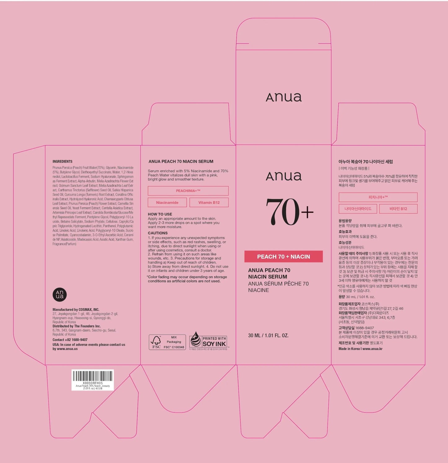 Flat packaging design of Anua Peach 70 Niacinamide Serum 30ml with pink background, showcasing ingredient details, usage instructions, and branding in English and Korean text.