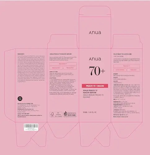 Packaging design of Anua Peach 70 Niacinamide Serum 30ml with light pink background featuring product name, ingredients, usage instructions, and other details in English and Korean.