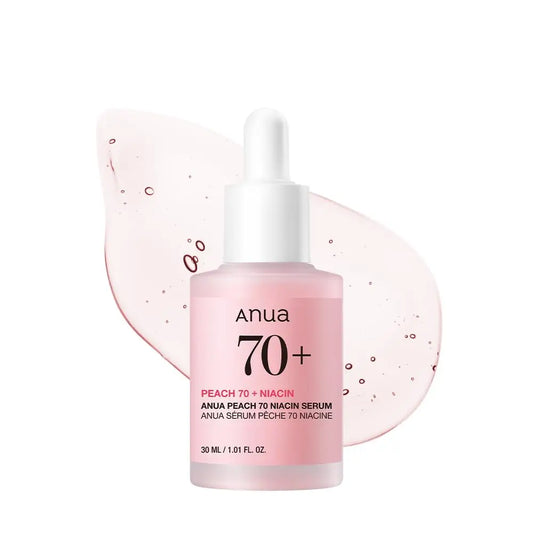 Anua Peach 70 Niacinamide Serum 30ml in a frosted pink bottle with white dropper cap, displayed with a peach-colored serum texture background for skincare use.