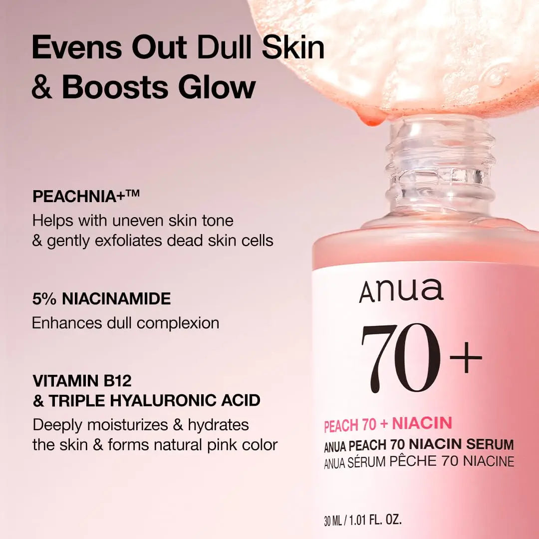 Anua Peach 70 Niacinamide Serum 30ml bottle with clear pink serum drop highlighting benefits like evening dull skin tone, boosting glow, and moisturizing with niacinamide, vitamin B12, and hyaluronic acid.