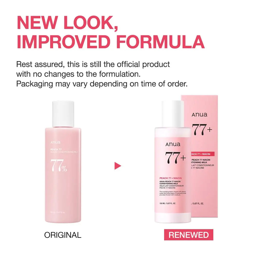 Comparison of original and renewed packaging for ANUA Peach 77% Niacin Conditioning Milk 150 ml, highlighting new look and improved formula with no change to formulation.