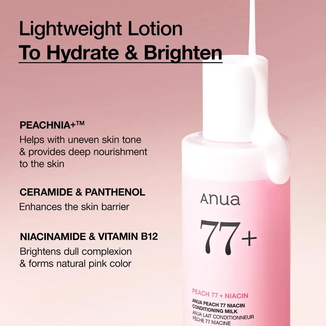 Bottle of ANUA Peach 77% Niacin Conditioning Milk 150 ml with lotion dripping from the cap, text highlighting hydration, brightening, and key ingredients like peach extract, ceramide, and niacinamide on a soft pink background.