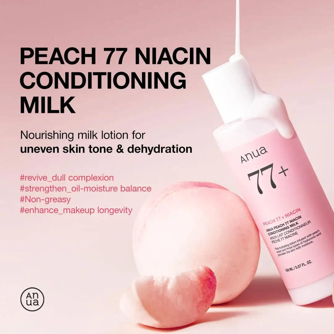 Bottle of ANUA Peach 77% Niacin Conditioning Milk 150 ml with creamy texture pouring from the cap, placed beside a peach and peach slice on a soft pink background.