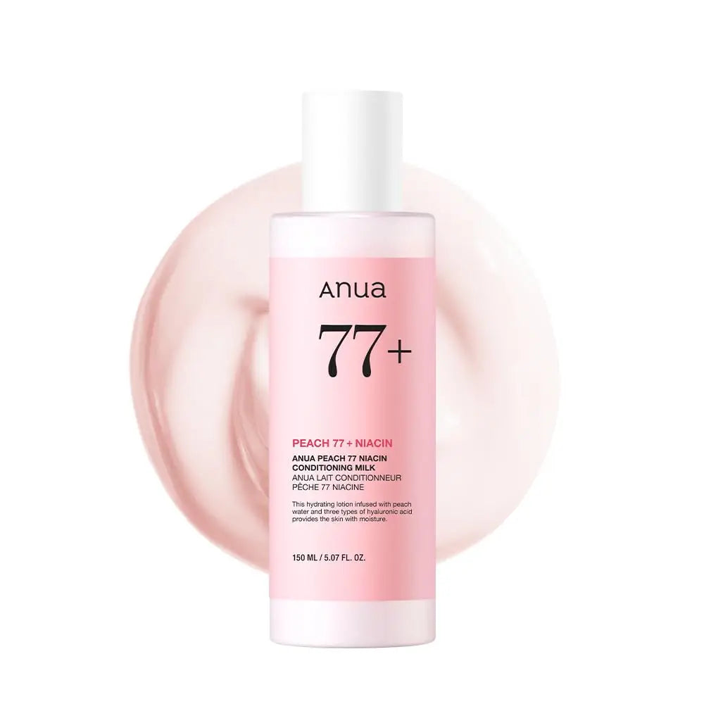 ANUA Peach 77% Niacin Conditioning Milk 150 ml bottle with light pink label, displayed in front of creamy peach-colored liquid background for hydrating skincare.