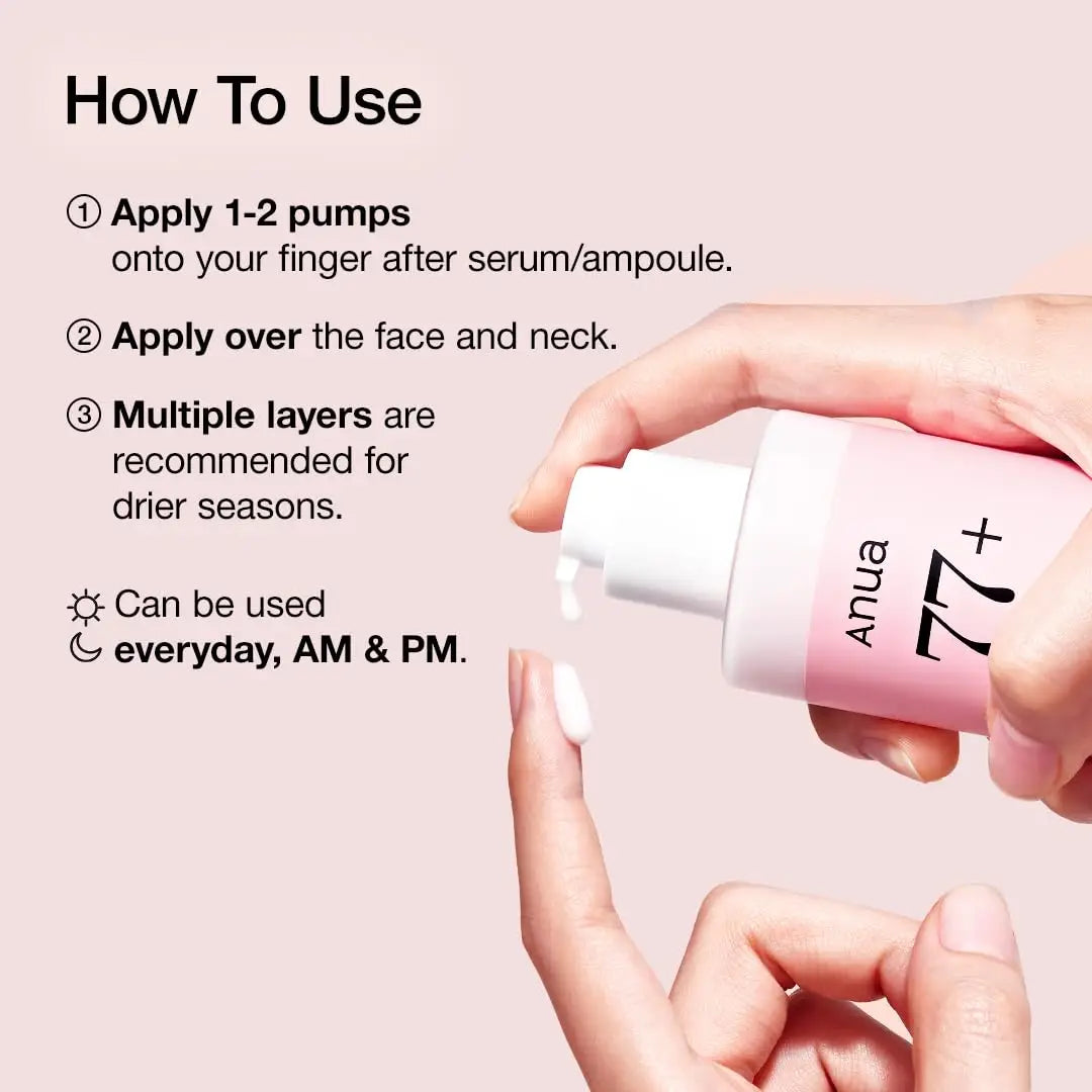 Hand dispensing a milky white lotion from a pump bottle labeled ANUA Peach 77% Niacin Conditioning Milk 150 ml with usage instructions on a soft pink background.