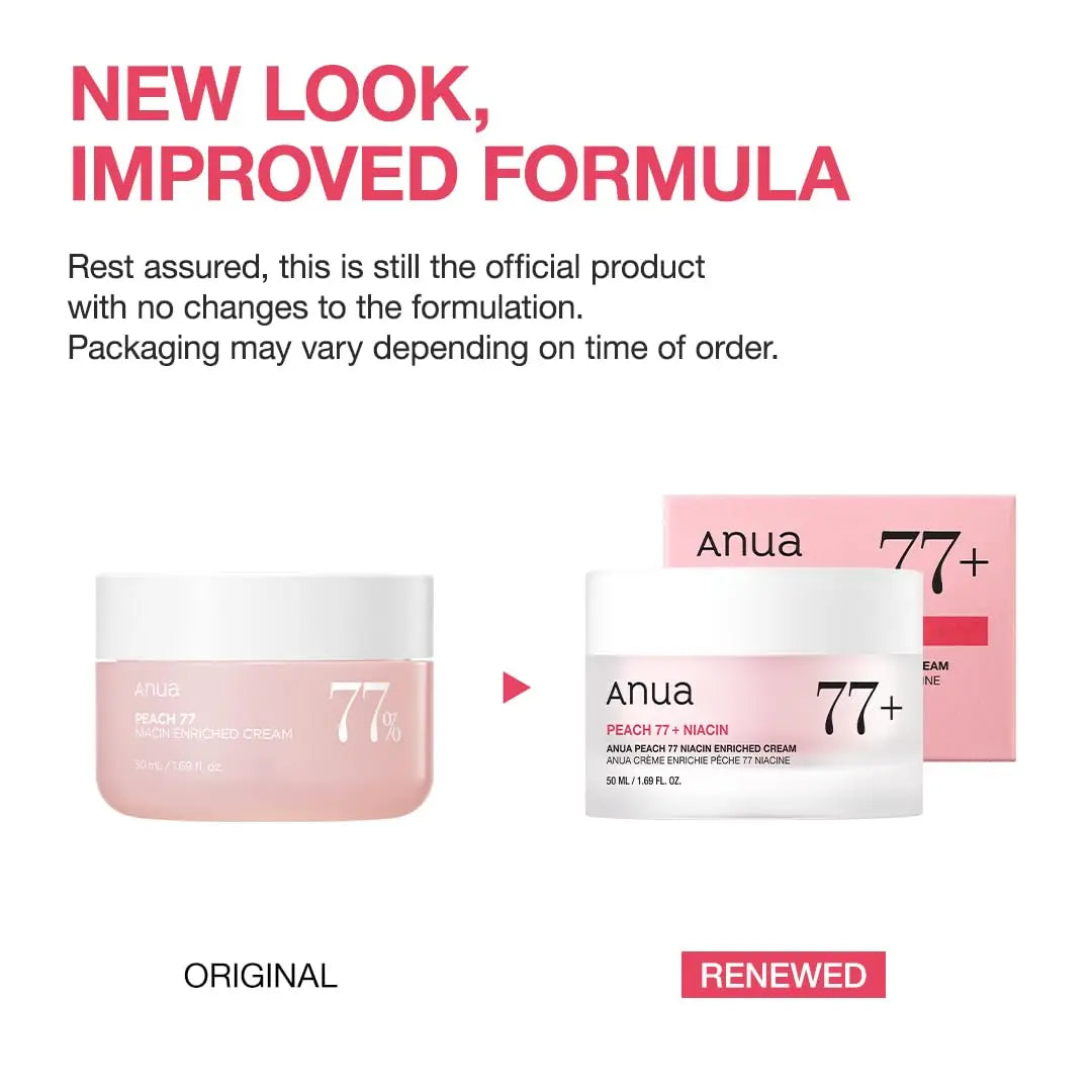 Comparison of the original and renewed packaging of Anua Peach 77 Niacin Enriched Cream 50ml showing updated jar and box with a pink and white color scheme emphasizing new look and improved formula.