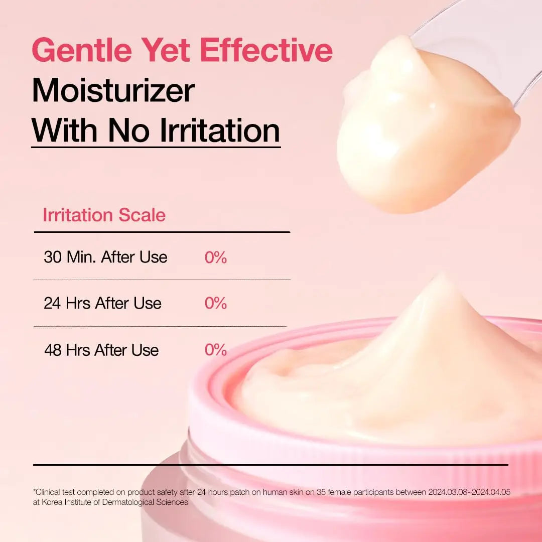 Anua Peach 77 Niacin Enriched Cream 50ml shown with creamy texture on a spatula and in an open pink container, highlighting gentle moisturizing effect with zero irritation on skin over 48 hours.
