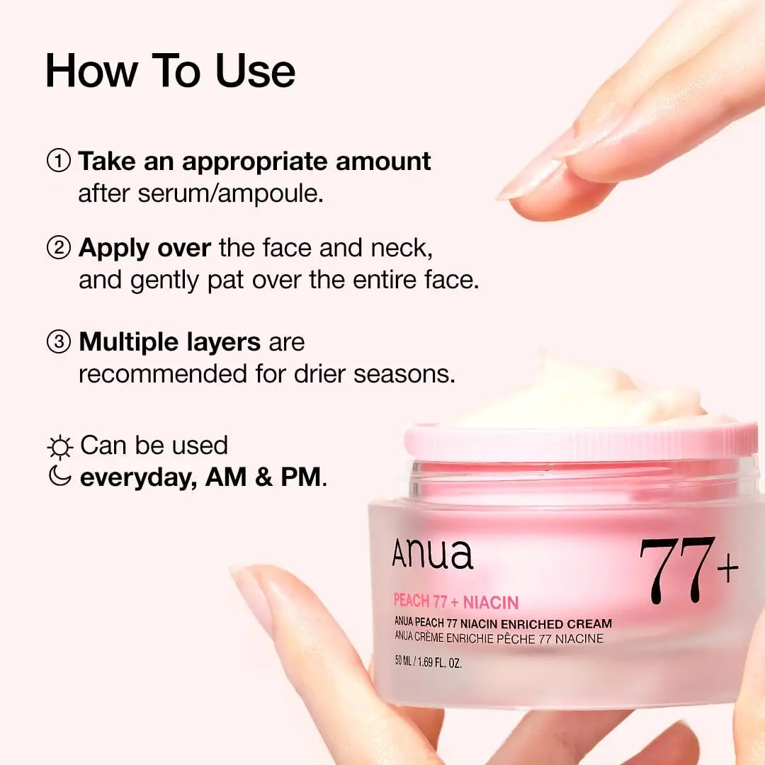 Instructions for applying Anua Peach 77 Niacin Enriched Cream 50ml with a finger gently taking cream from the jar against a soft pink background.