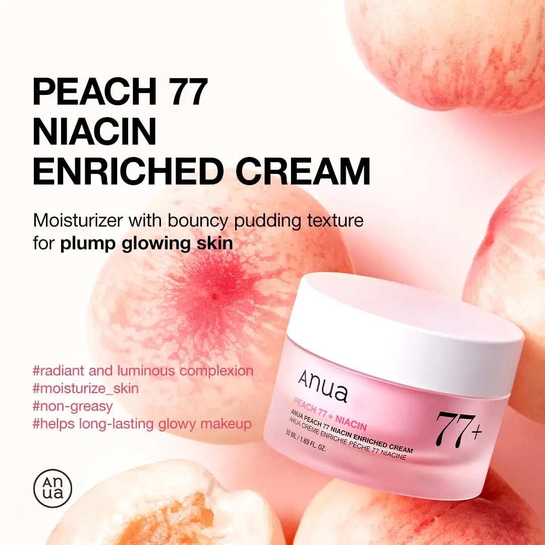 Jar of Anua Peach 77 Niacin Enriched Cream 50ml in soft pink packaging surrounded by fresh peaches, highlighting a moisturizer for plump glowing skin with a radiant finish.