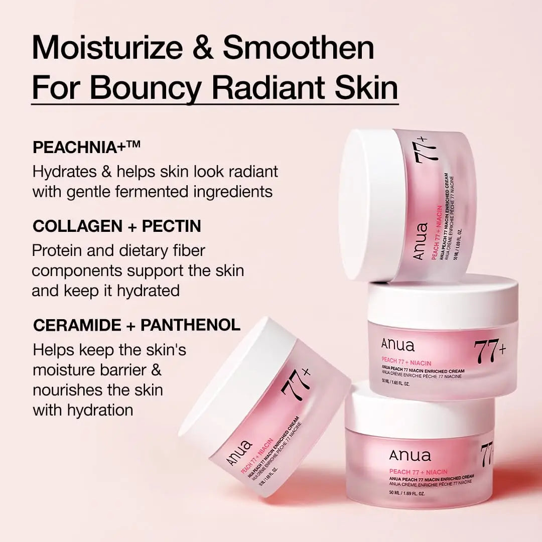 Three pink jars of Anua Peach 77 Niacin Enriched Cream 50ml arranged on a light surface with text explaining moisturizing benefits including PEACHNIA+, collagen, pectin, ceramide, and panthenol for radiant skin.