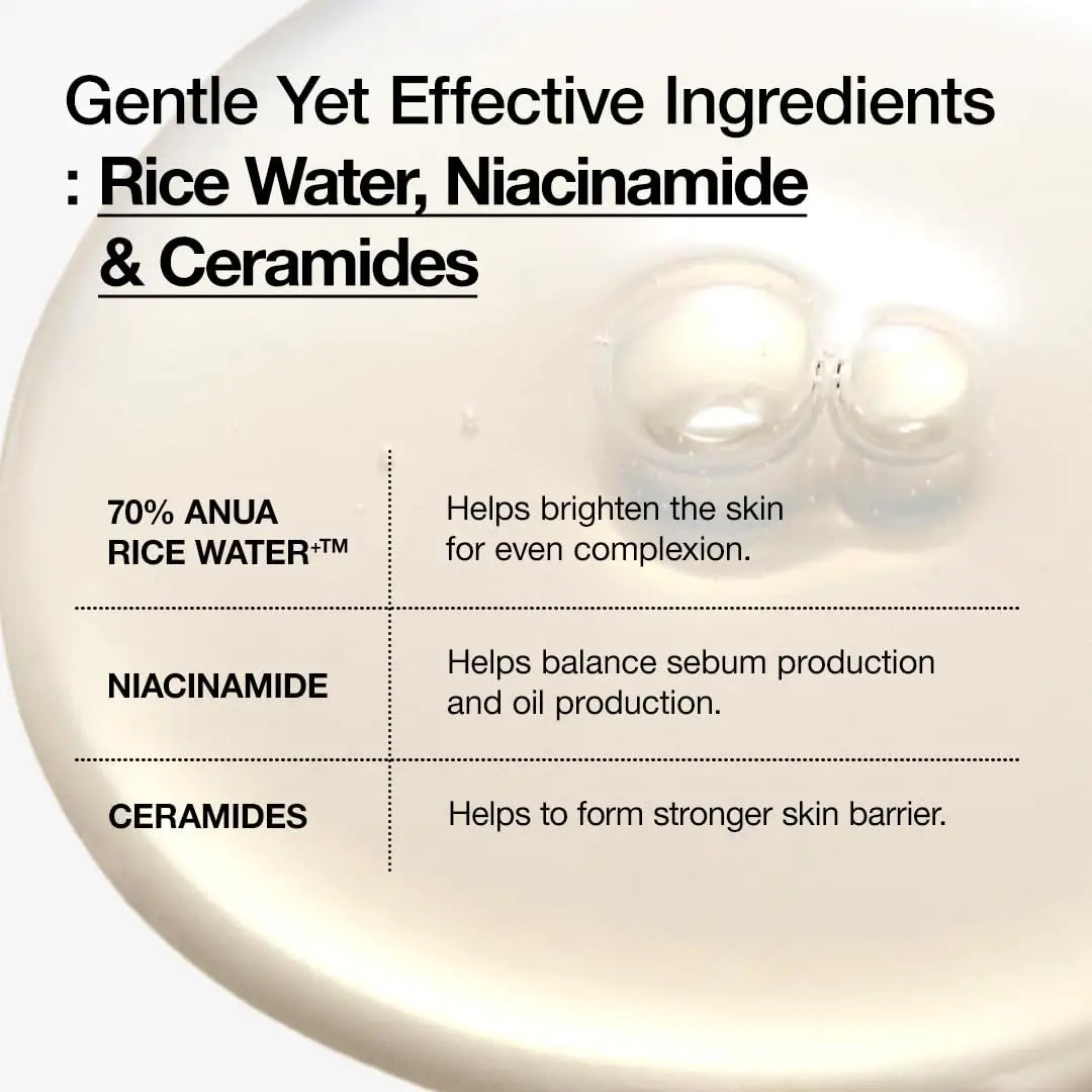 Close-up of skincare liquid texture with bubbles showing key ingredients rice water, niacinamide, and ceramides for Anua rice 70 glow milky toner 250ml, highlighting benefits for brightening, sebum balance, and skin barrier strengthening.
