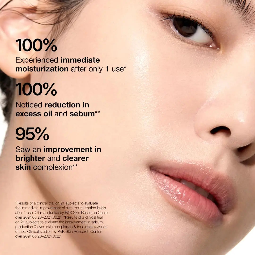 Close-up of a woman's clear, radiant skin with text highlighting 100% immediate moisturization, reduction in excess oil and sebum, and 95% improvement in brighter, clearer skin after using Anua rice 70 glow milky toner 250ml