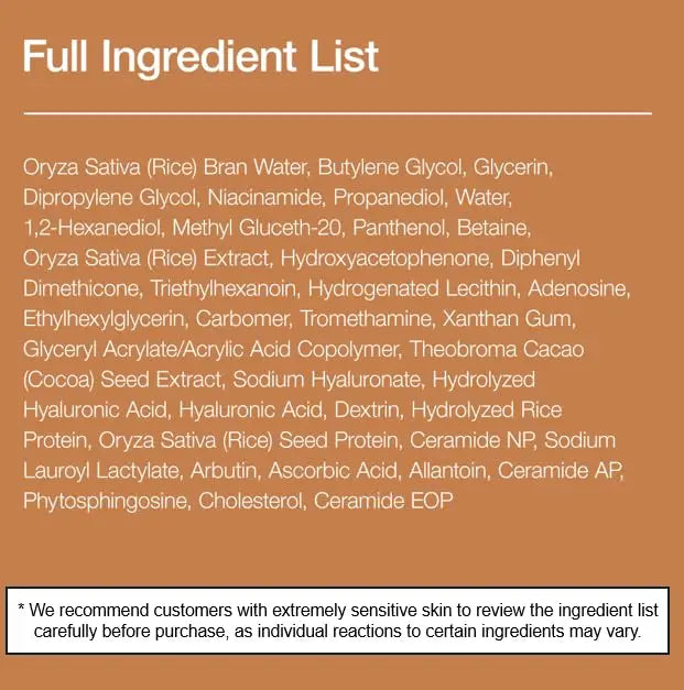 Full ingredient list of Anua rice 70 glow milky toner 250ml including Oryza Sativa rice bran water, niacinamide, panthenol, hydrolyzed rice protein, hyaluronic acid, ceramides, arbutin, allantoin, and other moisturizing and soothing agents.