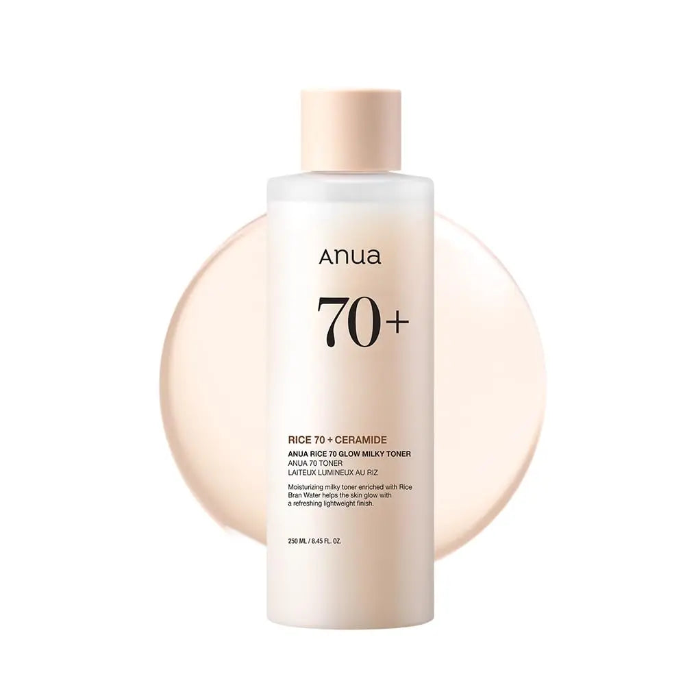 Anua rice 70 glow milky toner 250ml bottle with creamy beige cap and matching circular swatch background, highlighting its moisturizing and lightweight formula.