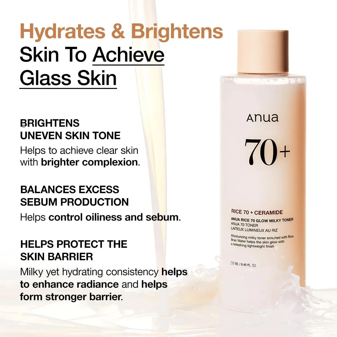 Anua rice 70 glow milky toner 250ml bottle with text highlighting its hydrating, brightening effects, balance of sebum, and skin barrier protection for radiant, clear skin.